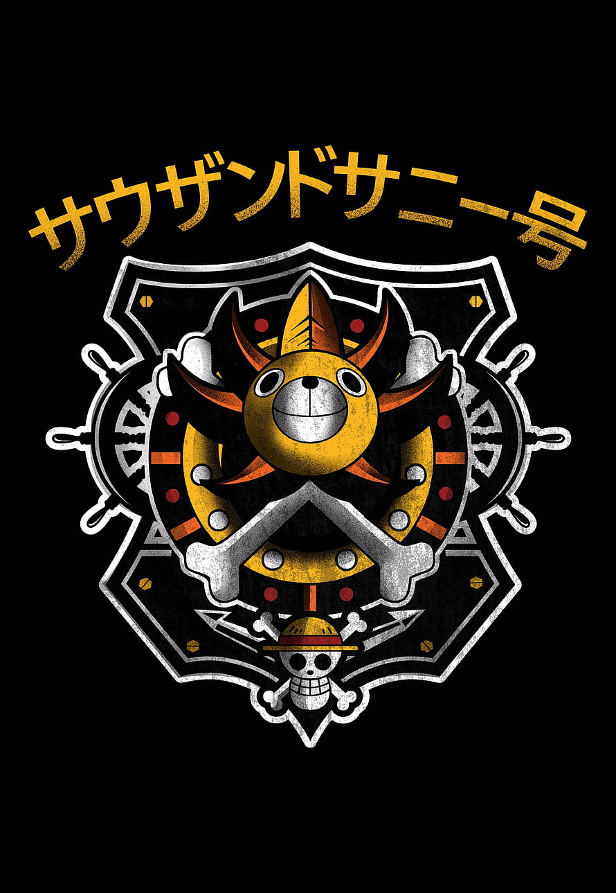 Thousand Sunny Jolly Roger Emblem with Ship Wheel and Skull on Black Background HD phone wallpaper