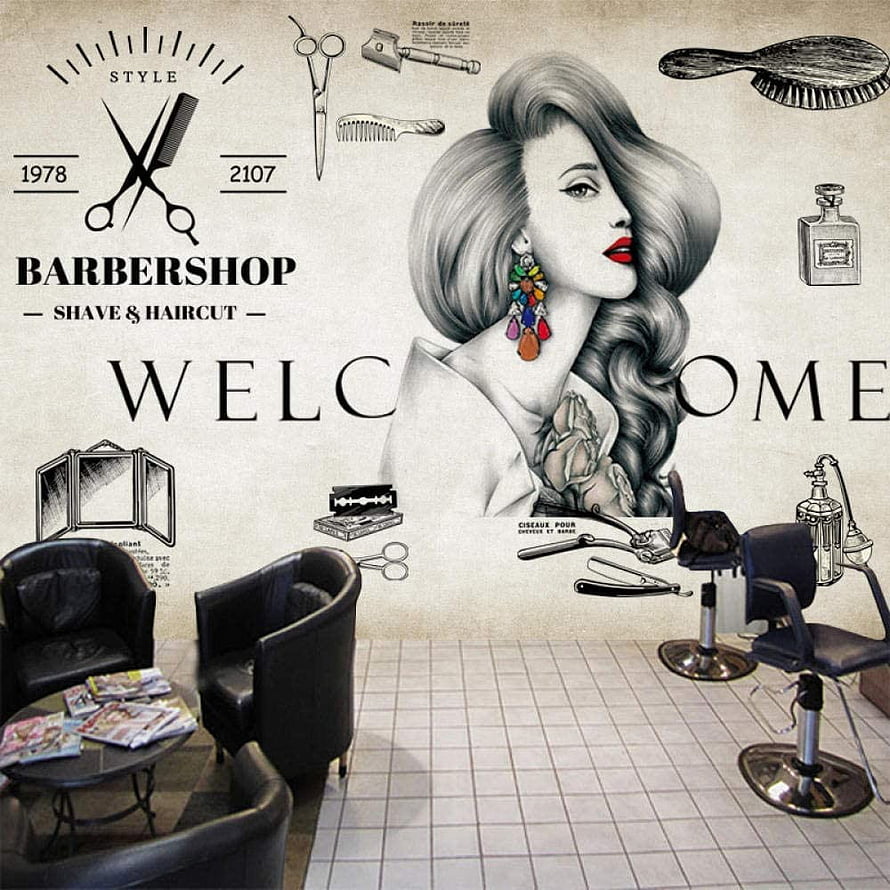 Retro Barbershop Interior With Vintage Wall Mural And Classic Salon Furniture HD phone wallpaper