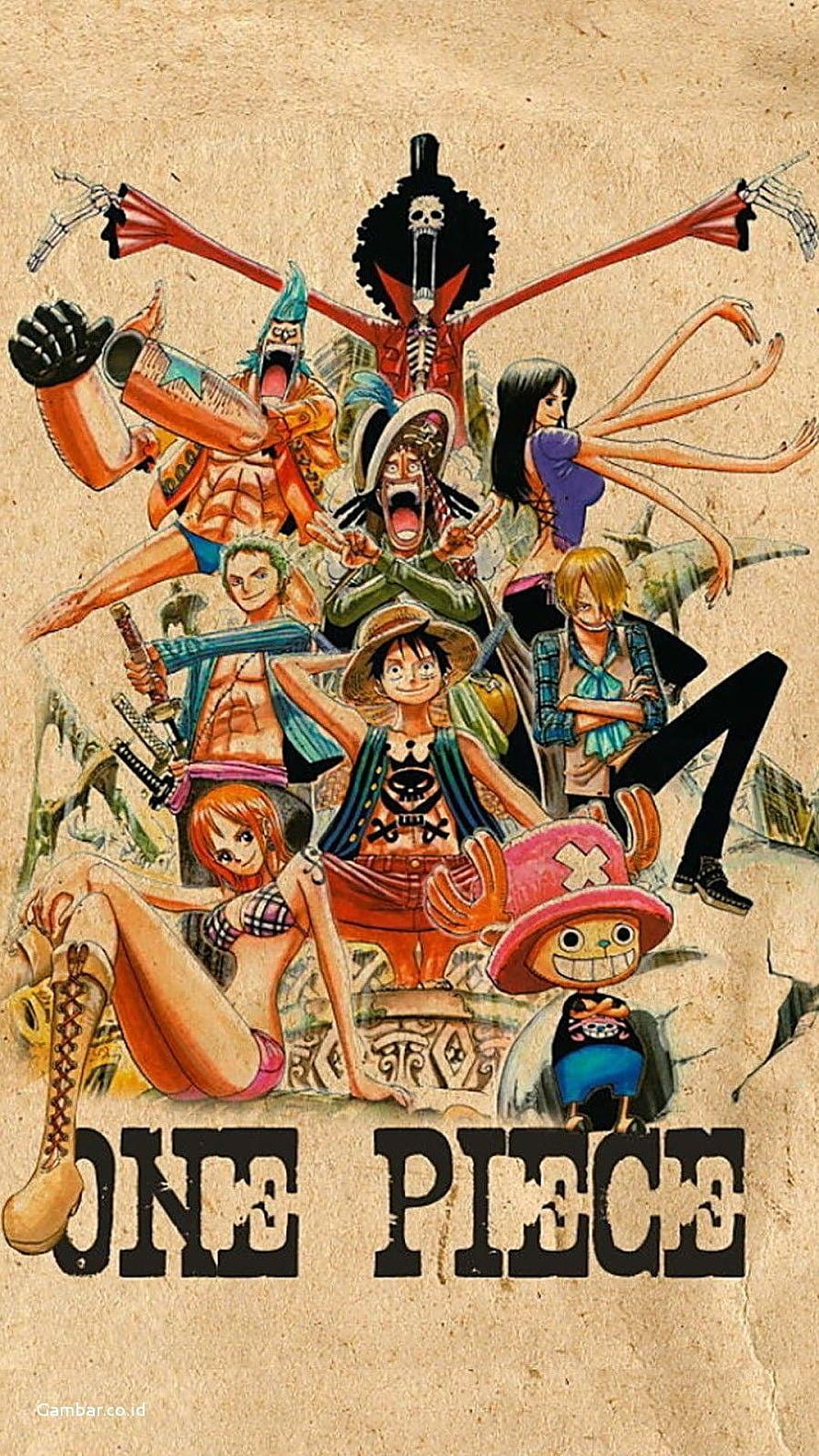 One Piece Straw Hat Pirates Crew Group Illustration on Vintage Paper Background HD phone wallpaper