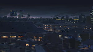 Moody Anime Cityscape at Night with Distant Skyscrapers and Lit Windows HD wallpaper