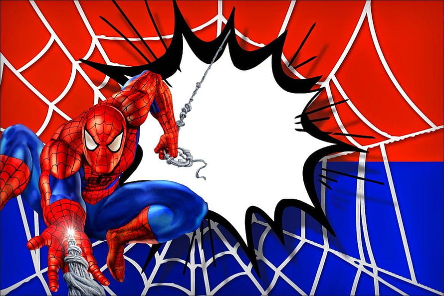 Spider-Man Breaking Through Comic Panel with Web Shooter and Action Pose, spiderman backgrounds invitation, cartoon spiderman background HD wallpaper