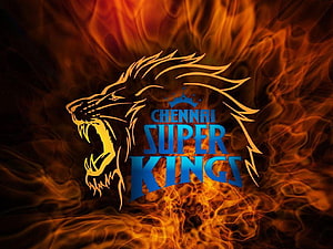 Chennai Super Kings roaring lion logo with fiery orange flames and blue team text HD wallpaper