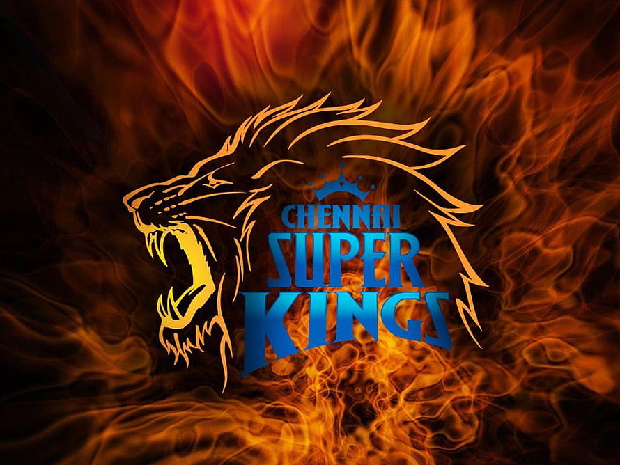 Chennai Super Kings roaring lion logo with fiery orange flames and blue team text HD wallpaper