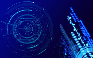 Futuristic Blue Holographic HUD Interface with Hexagonal Geometry and Neon Circuit Lines HD wallpaper