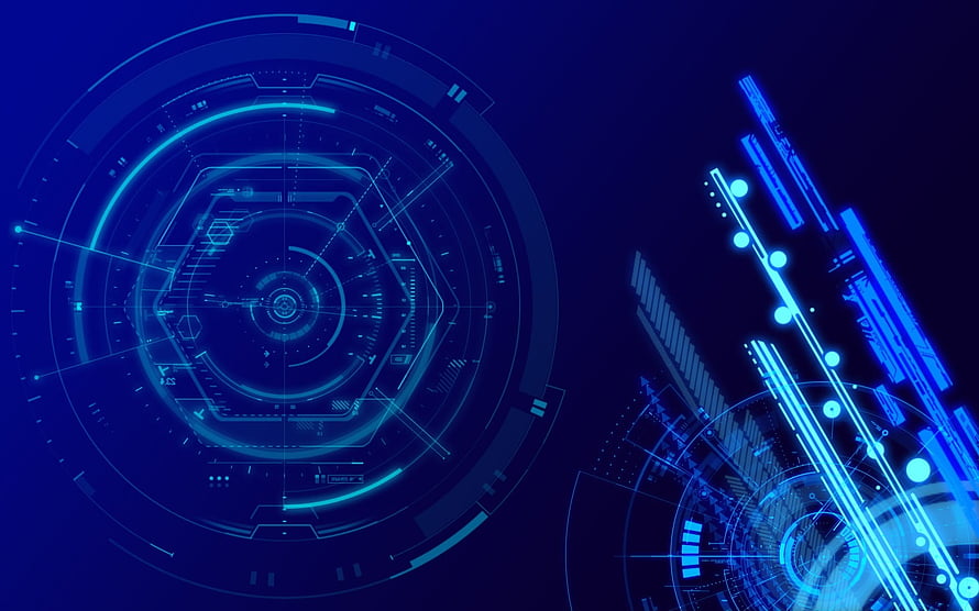 Futuristic Blue Holographic HUD Interface with Hexagonal Geometry and Neon Circuit Lines HD wallpaper