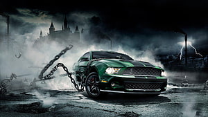 Green Ford Mustang GT Shattering Chains in Dark Stormy Castle Scene HD wallpaper