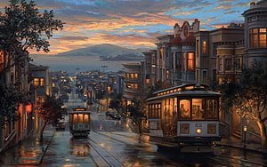 San Francisco Cable Car on a Rainy Sunset Street with Victorian Architecture HD wallpaper