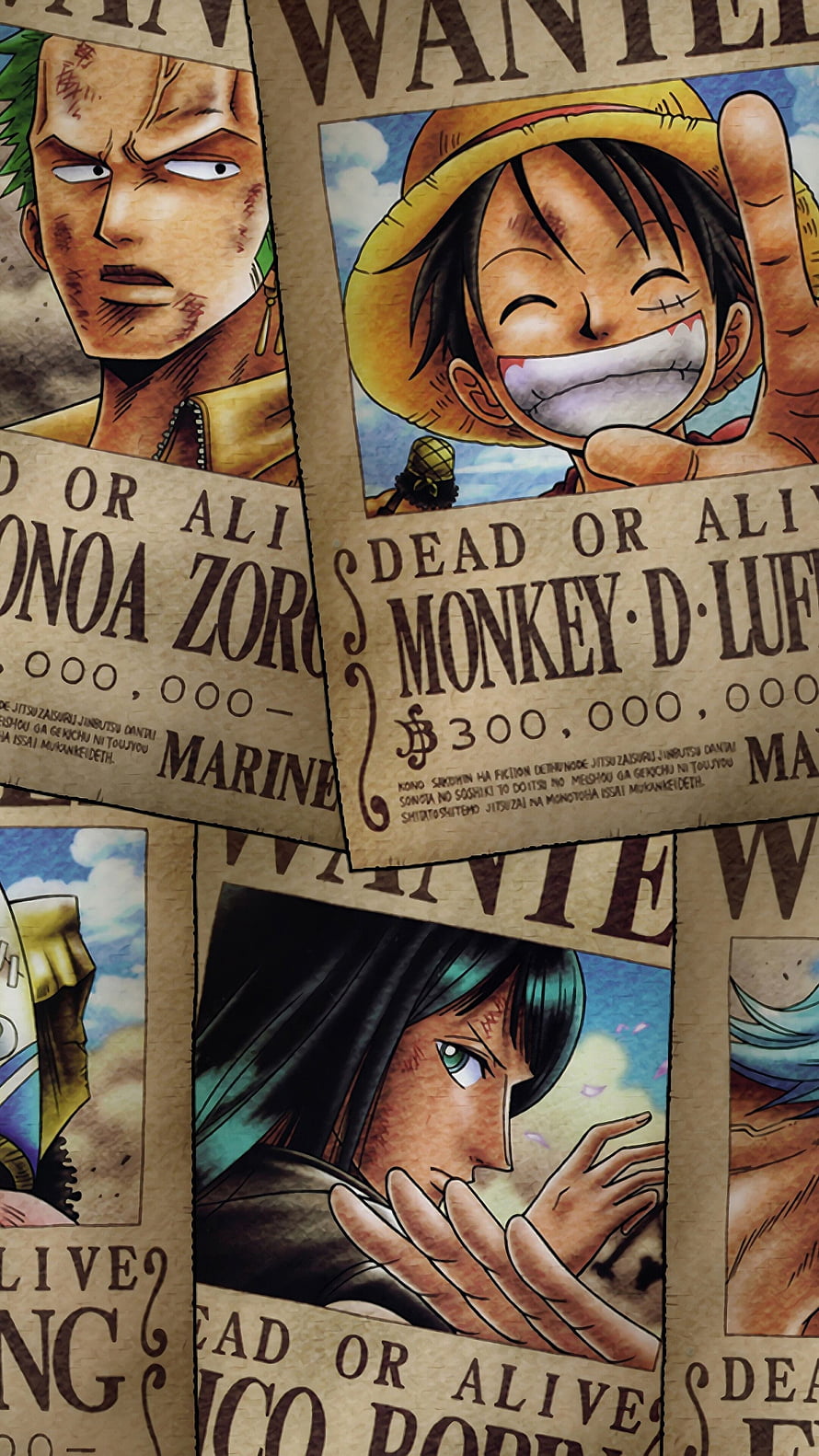 One Piece Straw Hat Pirates Wanted Posters Featuring Luffy, Zoro, and Robin HD phone wallpaper