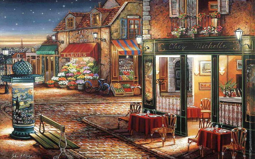 Charming Parisian Street Scene With Cafe, Flower Shop, and Cobblestone Lane at Night HD wallpaper