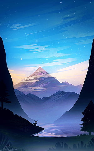 Stylized Digital Art of a Majestic Mountain Peak at Twilight with a Lone Deer Silhouette HD phone wallpaper