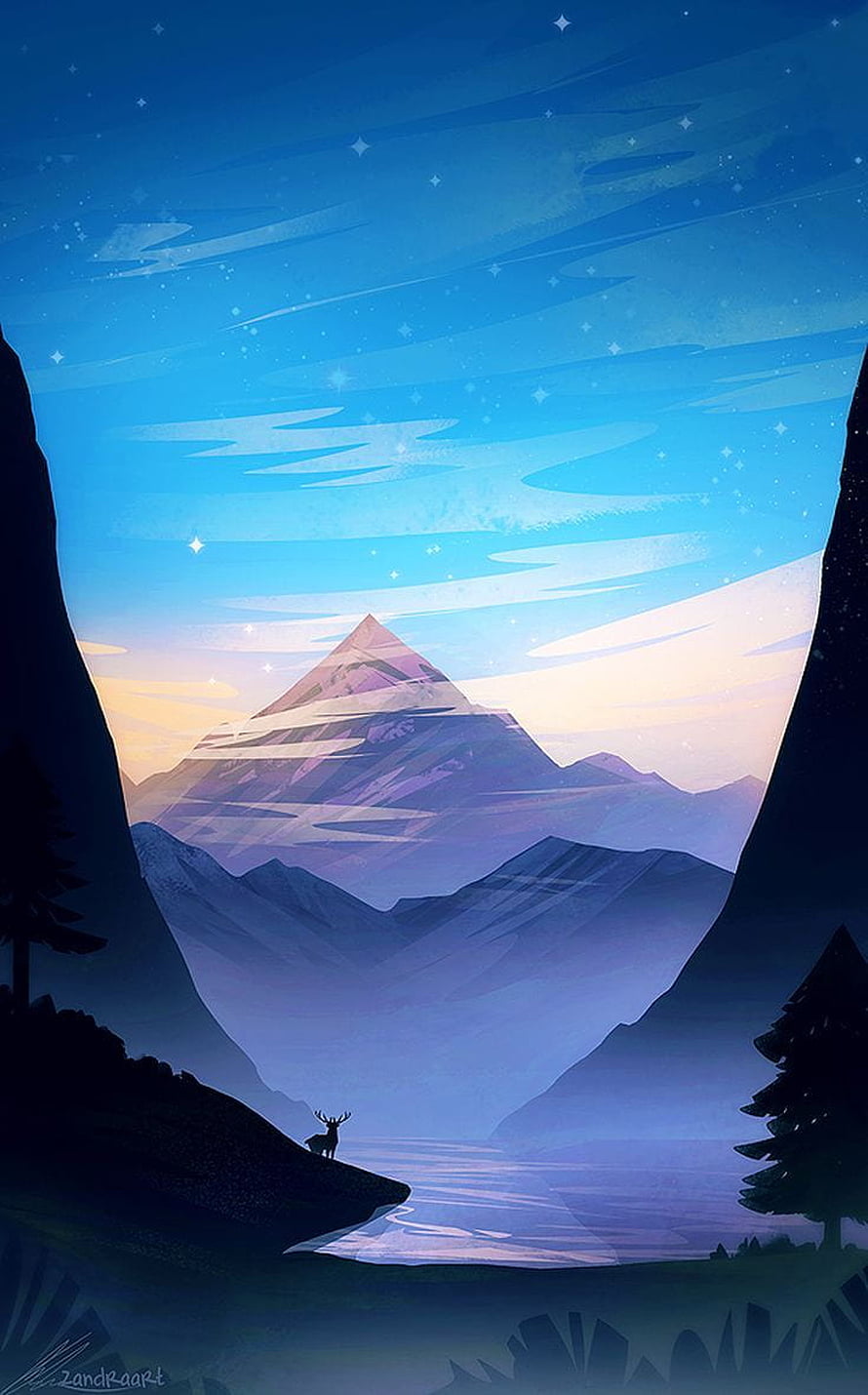 Stylized Digital Art of a Majestic Mountain Peak at Twilight with a Lone Deer Silhouette HD phone wallpaper