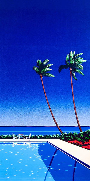 Hiroshi Nagai Tropical Poolside Scene with Palm Trees and Vibrant Blue Sky HD phone wallpaper