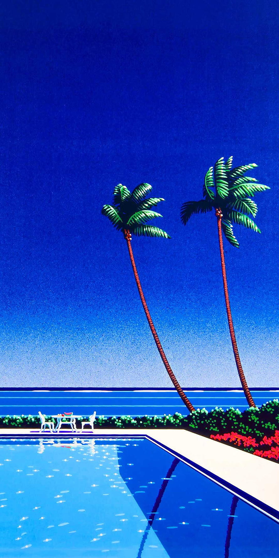 Hiroshi Nagai Tropical Poolside Scene with Palm Trees and Vibrant Blue Sky HD phone wallpaper
