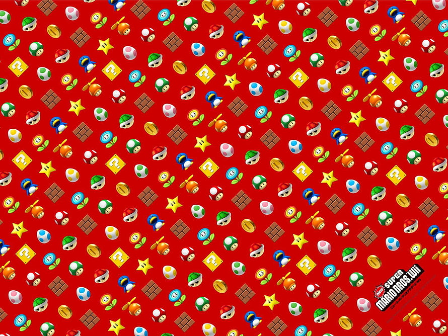 Super Mario Bros Wii Icon Pattern Wallpaper with Mushrooms and Power-Ups HD wallpaper