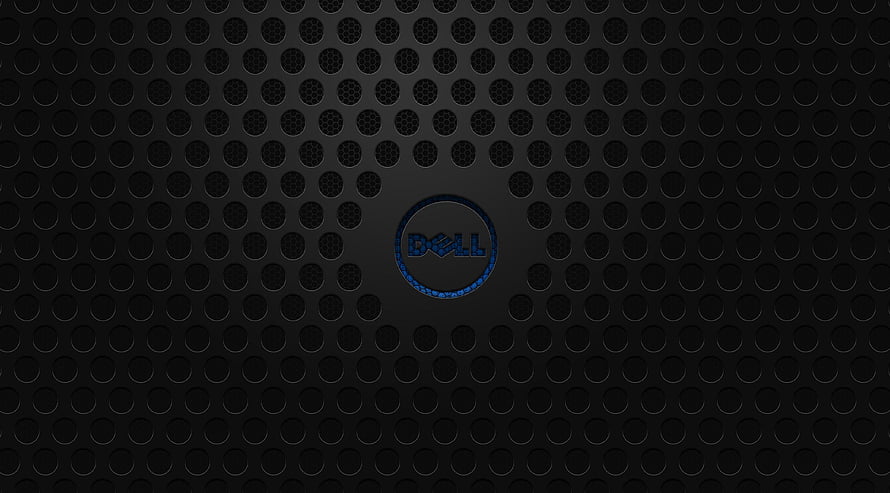 Dell Logo on Dark Perforated Metal Surface with Blue Accent Ring HD wallpaper