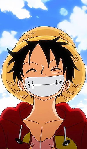 Luffy from One Piece Smiling in Straw Hat and Red Hoodie Against Blue Sky HD phone wallpaper