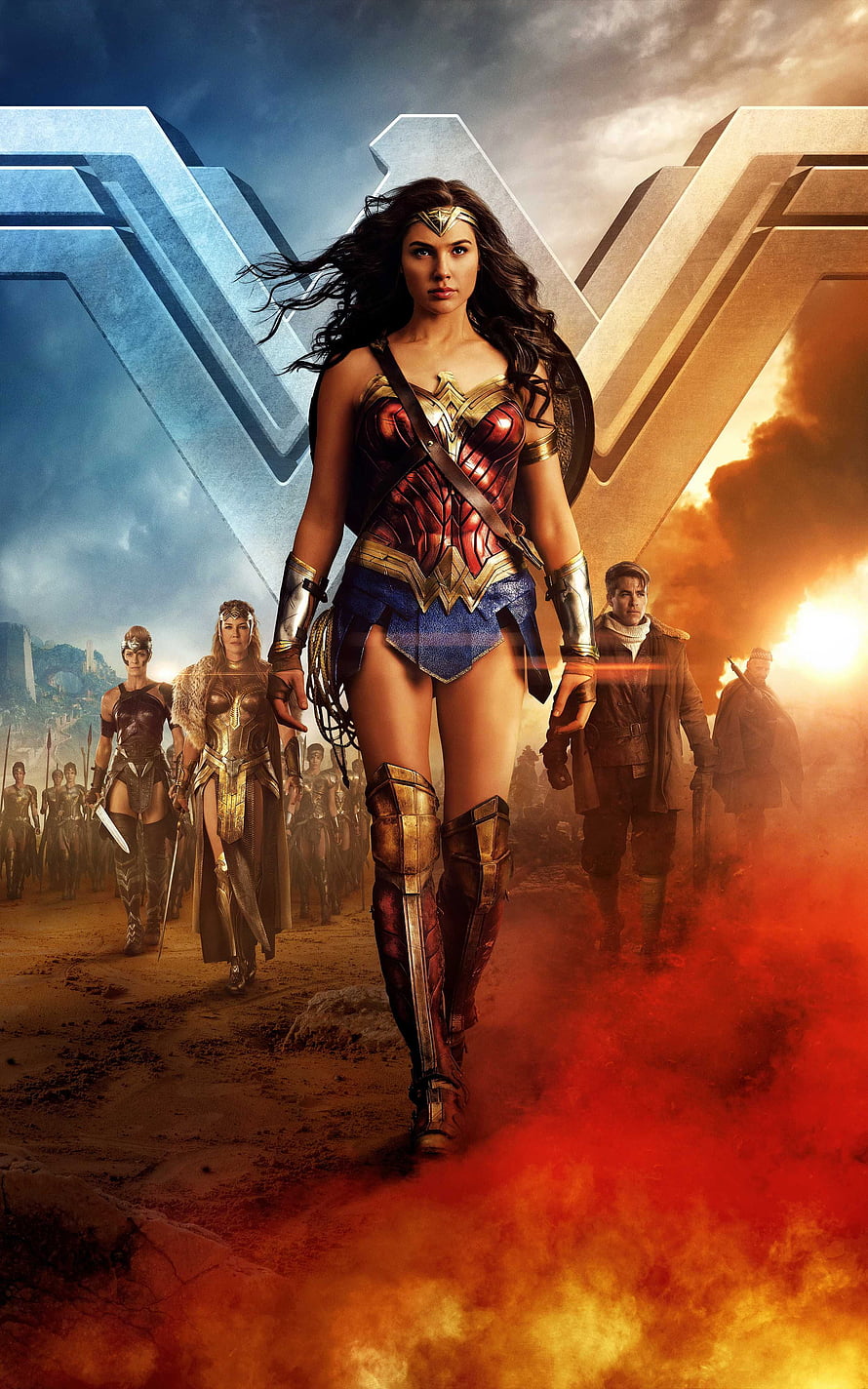 Wonder Woman Movie Poster with Diana Prince and Amazon Warriors in Epic Battle Scene HD phone wallpaper