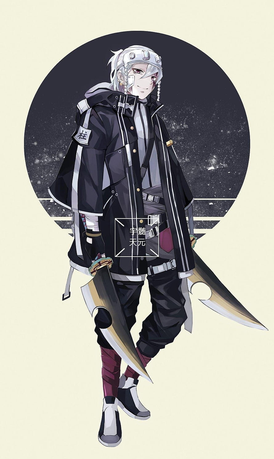 Tengen Uzui from Demon Slayer in tactical gear with dual blades and white hair HD phone wallpaper