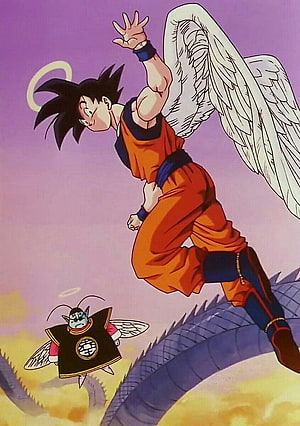 Goku with angel wings and halo flying above Shenron in Dragon Ball Z anime scene HD phone wallpaper