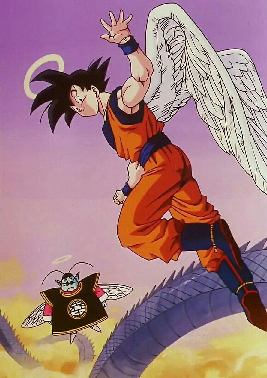 Goku with angel wings and halo flying above Shenron in Dragon Ball Z anime scene HD phone wallpaper