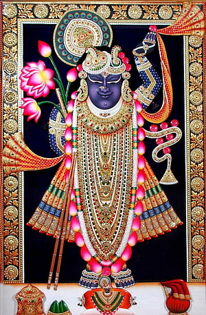 Shrinathji Devotional Portrait with Lotus Flowers and Ornate Gold Jewelry HD phone wallpaper