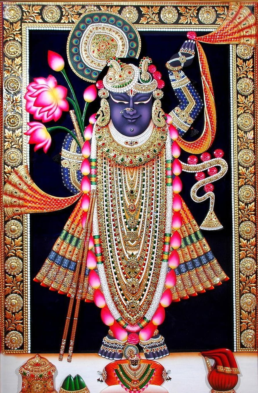 Shrinathji Devotional Portrait with Lotus Flowers and Ornate Gold Jewelry HD phone wallpaper