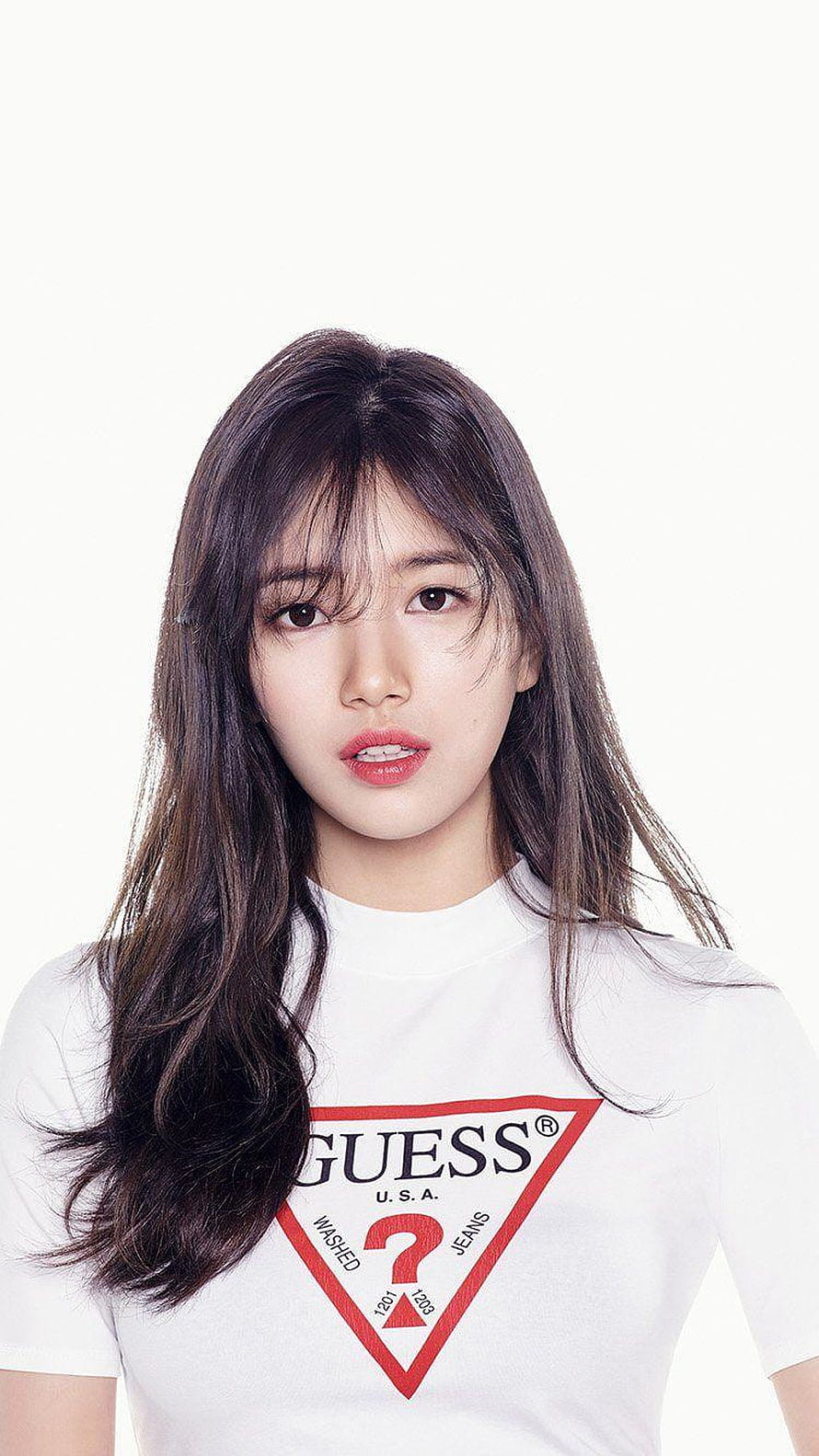 Suzy Bae in White Guess T-Shirt Portrait HD phone wallpaper