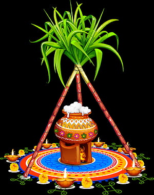 Traditional Pongal Festival Illustration Featuring Decorated Pot and Sugarcane HD phone wallpaper