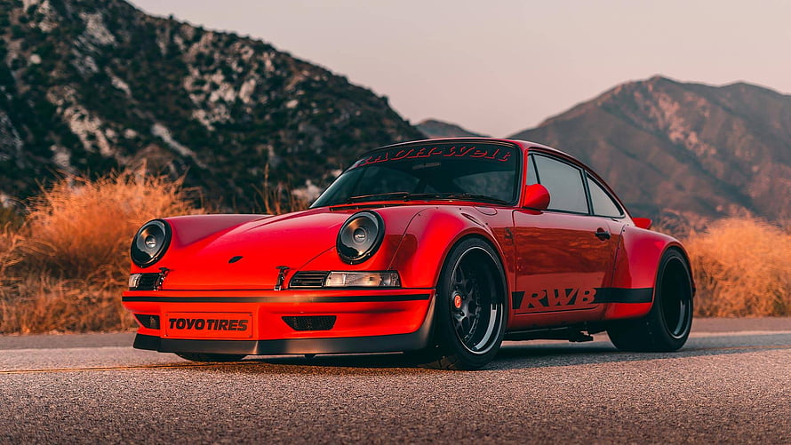 Red RWB Porsche 911 964 Widebody Show Car on Mountain Road HD wallpaper