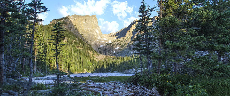 Majestic Mountain Valley with Pine Forest and River Under Blue Sky HD wallpaper