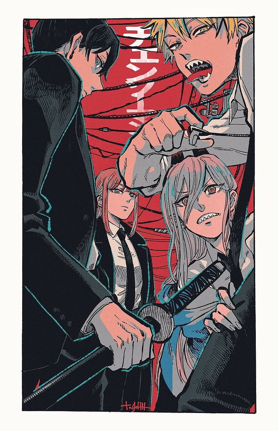 Chainsaw Man Anime Illustration Featuring Denji, Power, and Aki in Dynamic Action Pose, Chainsaw Man by Im_Corey17, power chainsaw man HD phone wallpaper