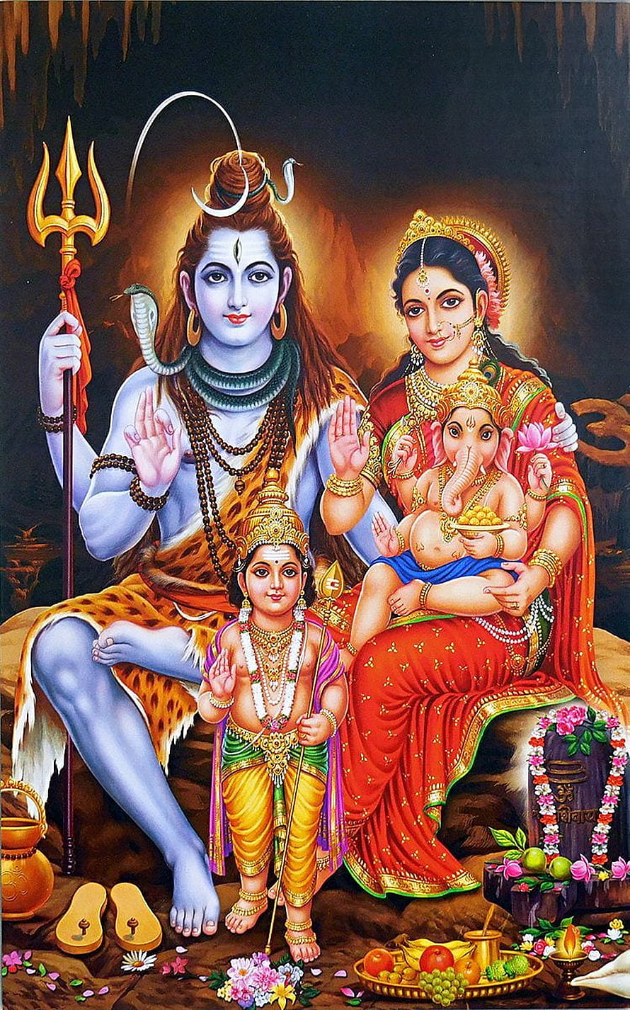 Lord Shiva Family Portrait with Parvati, Ganesha, and Kartikeya in Traditional Indian Art HD phone wallpaper
