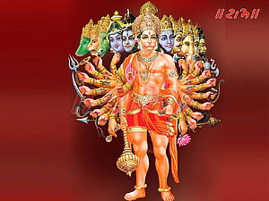 Eleven-Headed Hanuman Deity Illustration with Multiple Arms and Divine Weapons HD wallpaper