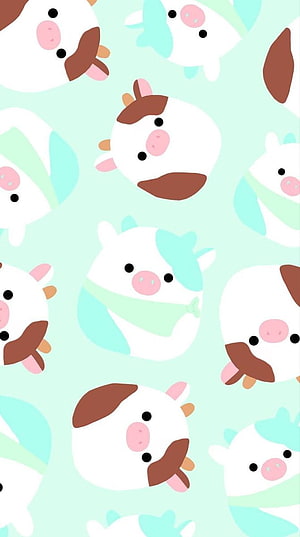 Cute Cartoon Cow Pattern Wallpaper with Mint Background HD phone wallpaper