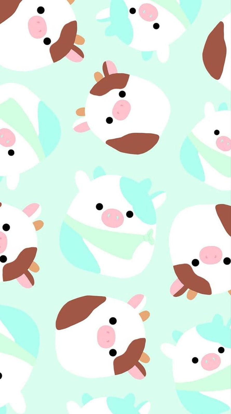 Cute Cartoon Cow Pattern Wallpaper with Mint Background HD phone wallpaper