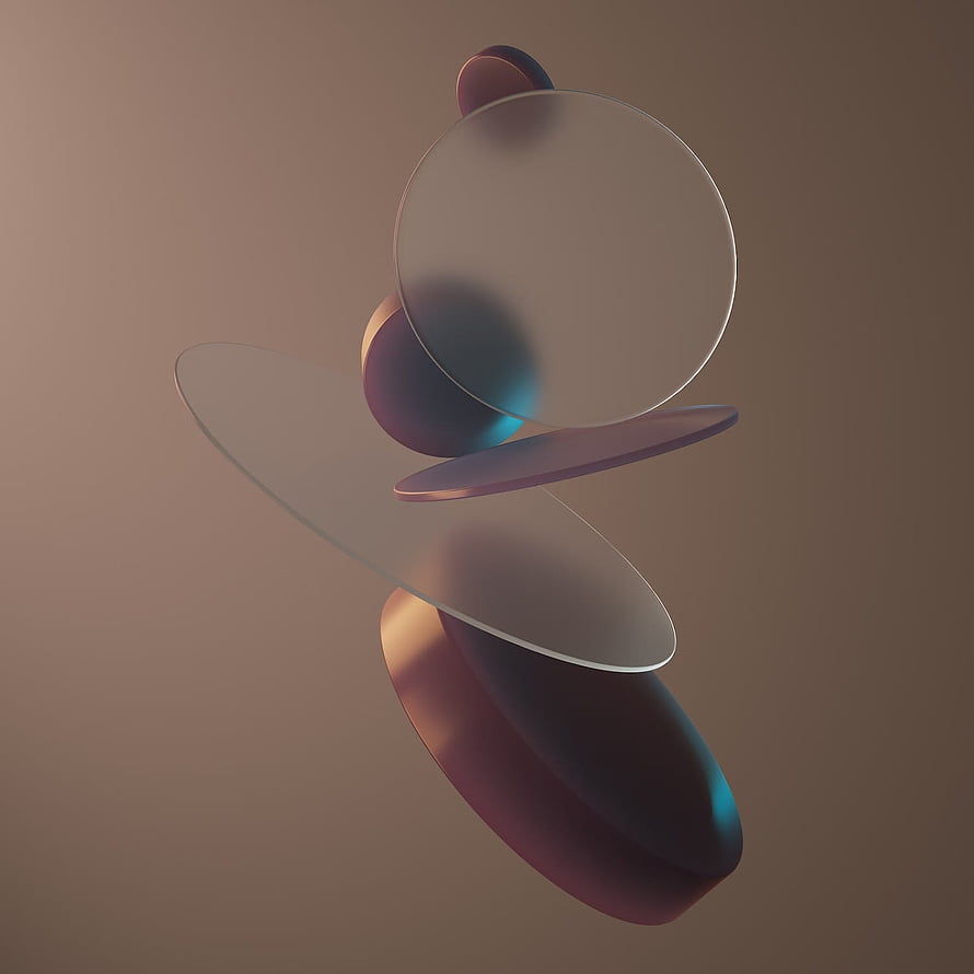Abstract 3D Render of Floating Glass Discs and Metallic Spheres on a Warm Brown Background HD phone wallpaper
