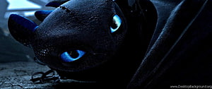 Close-up of Toothless the Night Fury with glowing blue eyes in a dark cinematic scene HD wallpaper