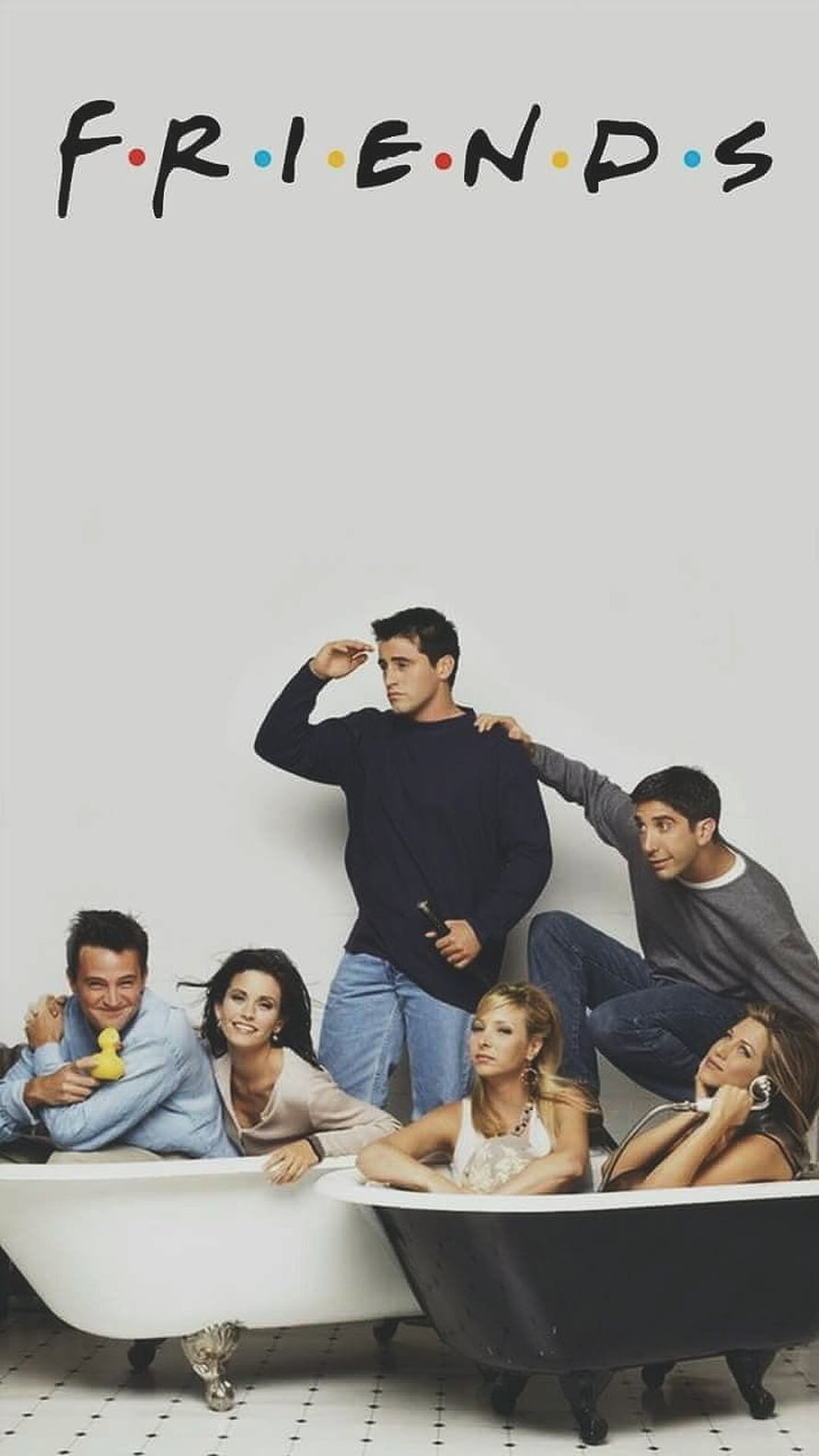 Friends TV Series Cast Group Photo in Bathtubs with Classic Logo HD phone wallpaper