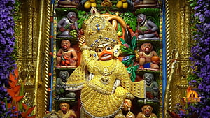 Ornate Golden Hanuman Statue Surrounded by Monkey Figures in a Temple Setting, sarangpur Hanumanji status, kastbhanjan dev HD wallpaper
