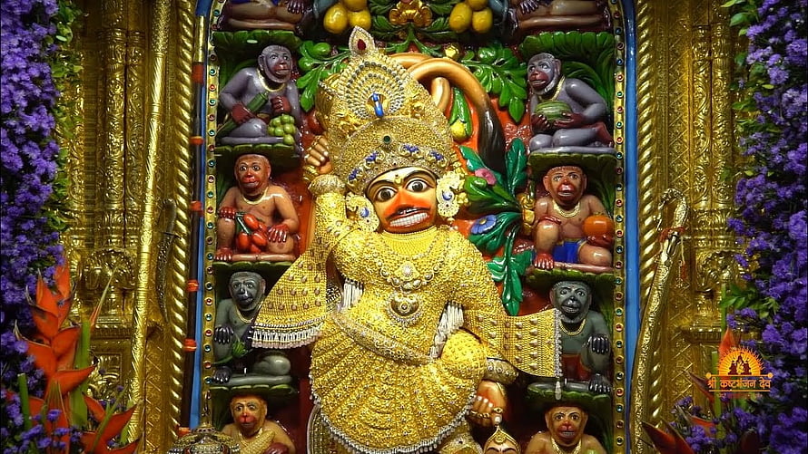 Ornate Golden Hanuman Statue Surrounded by Monkey Figures in a Temple Setting, sarangpur Hanumanji status, kastbhanjan dev HD wallpaper