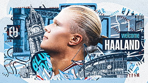 Erling Haaland Manchester City Welcome Graphic with Etihad Stadium and Big Ben Collage HD wallpaper