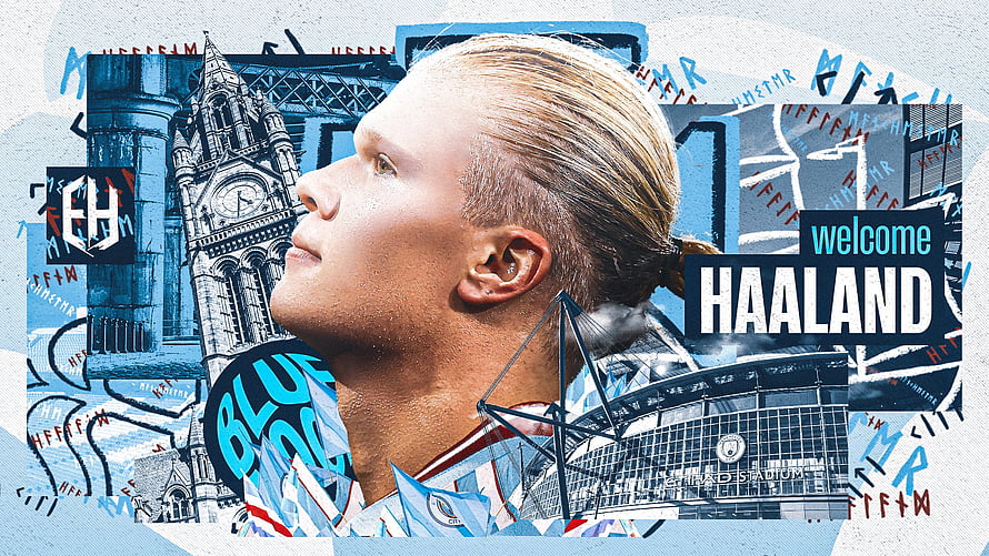 Erling Haaland Manchester City Welcome Graphic with Etihad Stadium and Big Ben Collage HD wallpaper