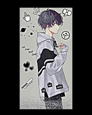 Aesthetic Anime Boy in Hoodie with Y2K Stickers and Grunge Text Elements HD phone wallpaper