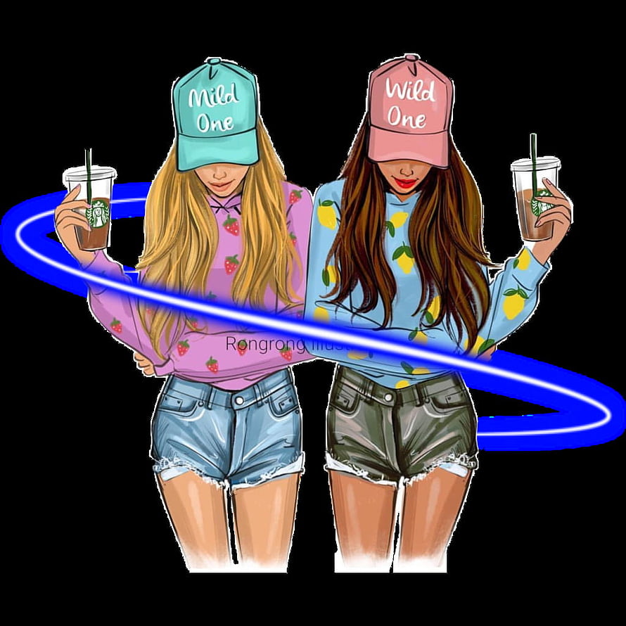Illustration of two best friends in caps and shorts holding iced coffee with a blue neon ring HD phone wallpaper