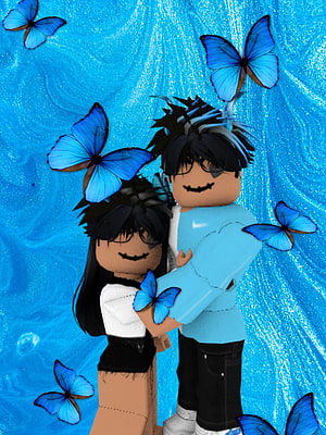 Roblox Avatar Couple Embrace Surrounded by Blue Butterflies on Textured Background HD phone wallpaper