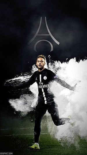 Neymar Jr in Paris Saint-Germain Black Kit with Dramatic Water Splash Effect HD phone wallpaper