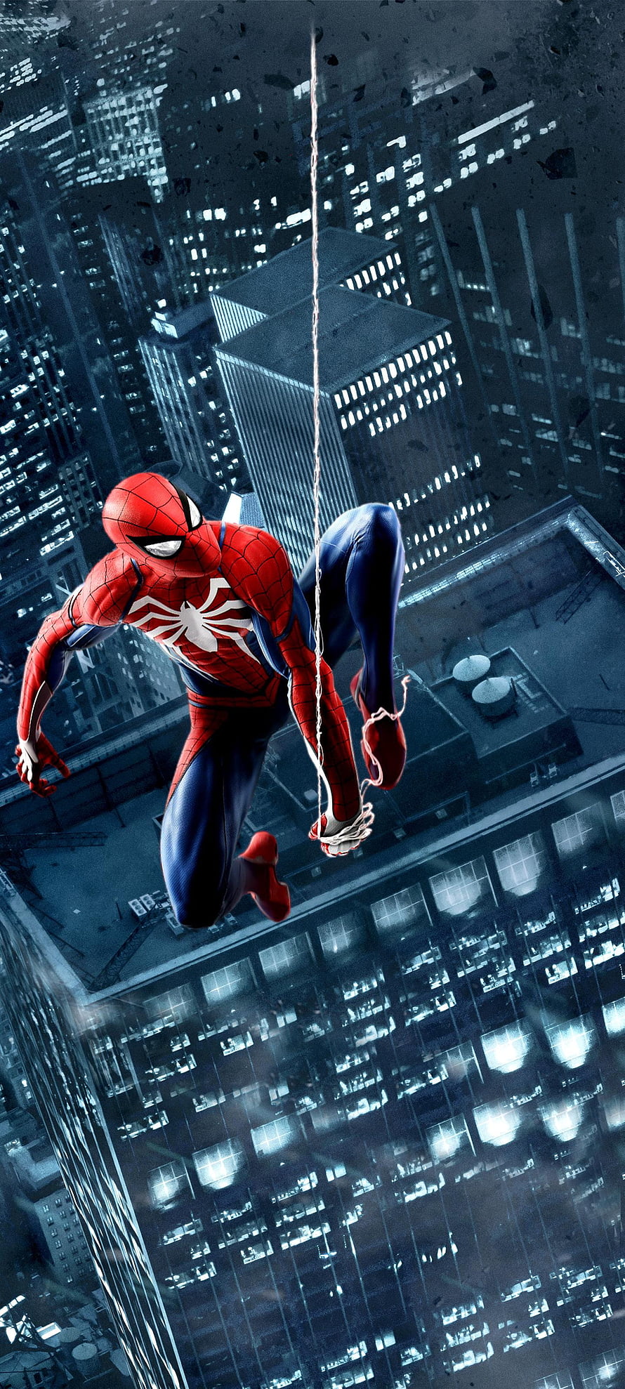 Spider-Man swinging through a dark cityscape at night with skyscrapers below HD phone wallpaper