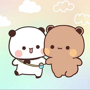 Bubu and Dudu Cute Cartoon Characters Walking Together on a Rainbow Sky Background HD phone wallpaper