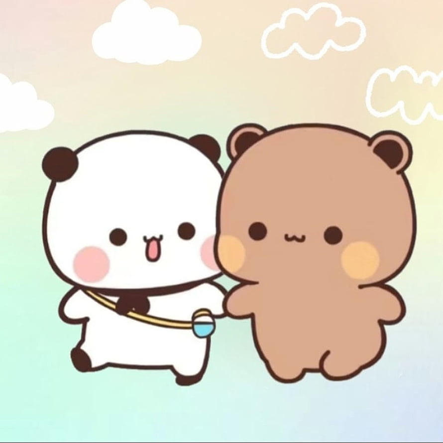 Bubu and Dudu Cute Cartoon Characters Walking Together on a Rainbow Sky Background HD phone wallpaper