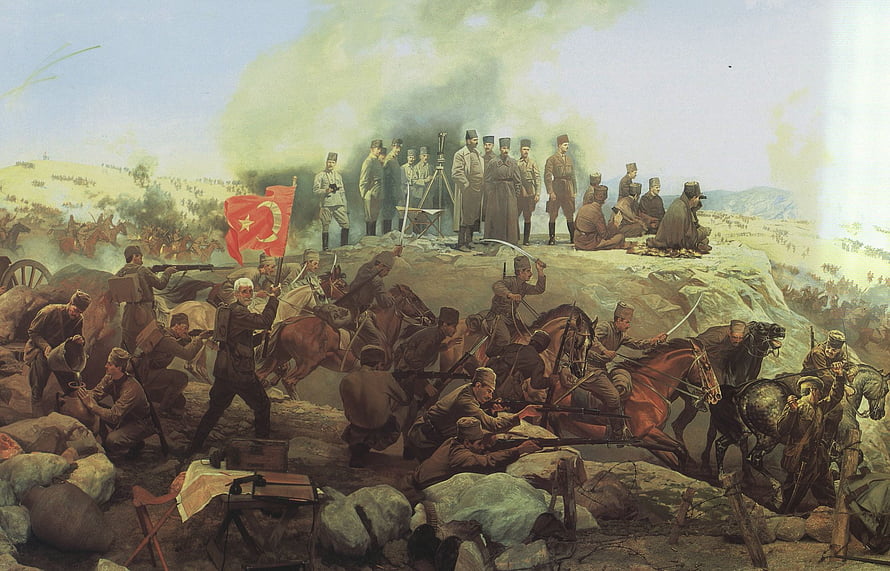 Gallipoli Campaign Historical Battle Painting with Ottoman Soldiers and Cavalry HD wallpaper